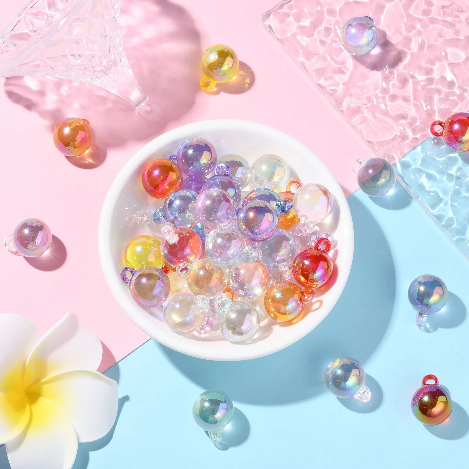100Pcs 10 Colors Rainbow Iridescent Transparent Acrylic Round Charms Pendants Round Ball Charms for DIY Jewelry Crafting