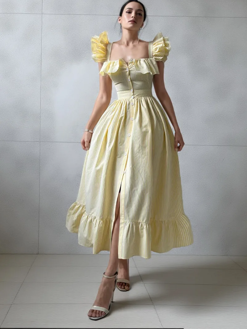 우아한 블루 스트라이프 프릴 버튼 롱 드레스 여성 스퀘어 넥 민소매 여성 드레스 여름 해변 파티 레이디 가운 ZBR8