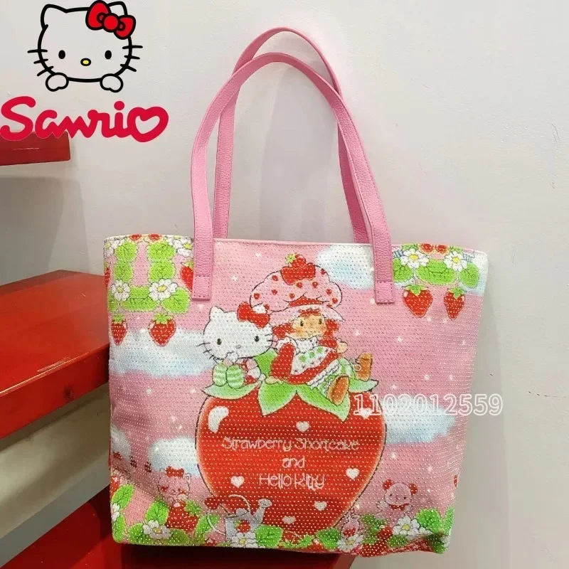 MINISO Hello Kitty New Women's Diamond Shoulder Bag Cute Cartoon Women's Handbag Large Capacity Women's Tote Bag High Quality