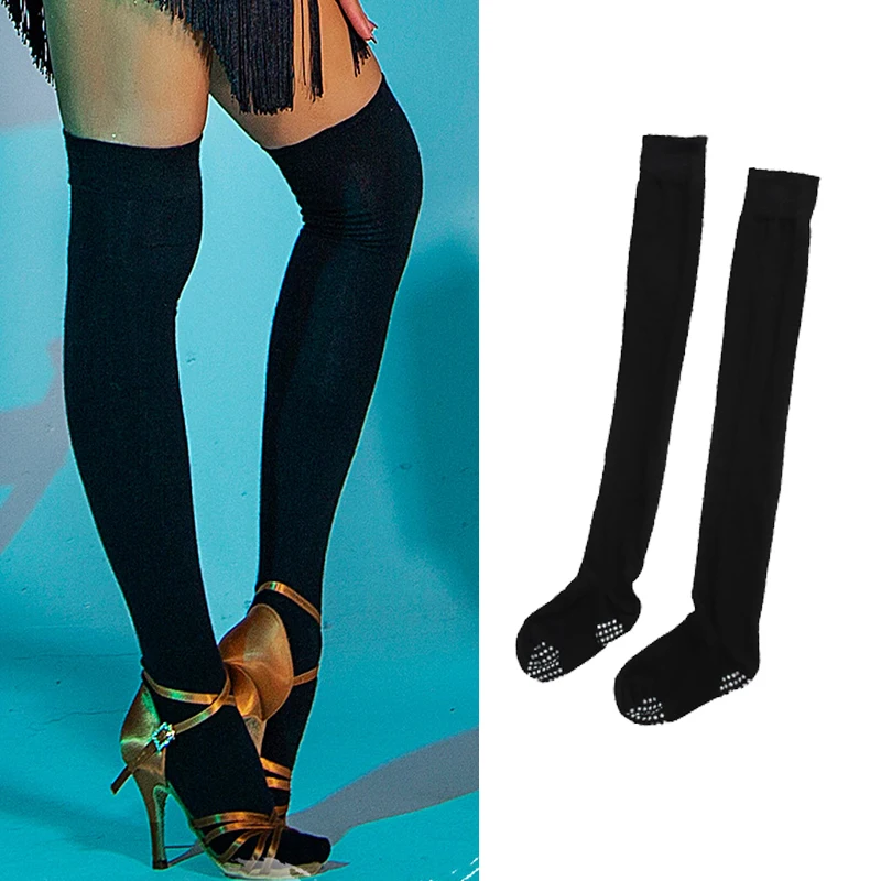 

Черные нескользящие длинные носки выше колена для латинских танцев, черные профессиональные танцевальные носки для ча-ча, румбы, самбы, одежда для взрослых DNV22011