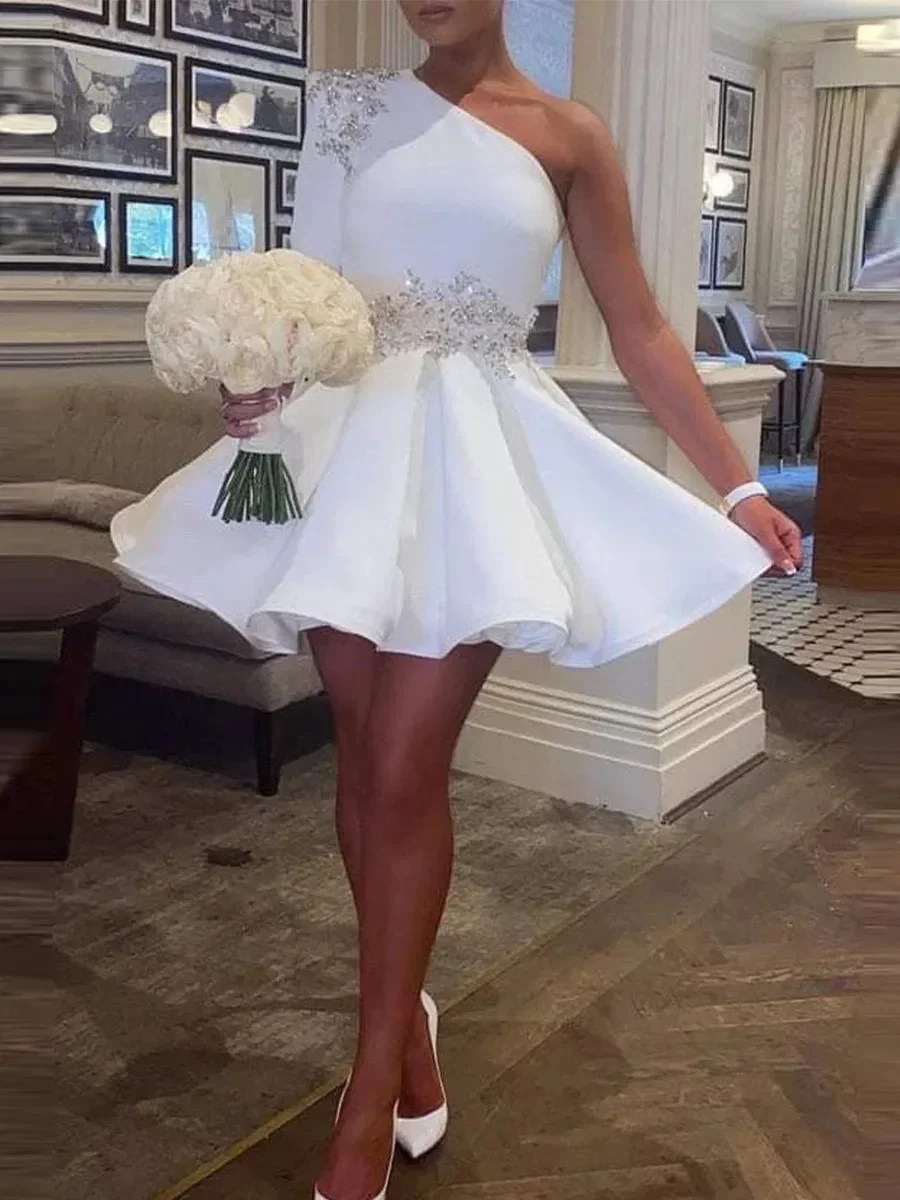 Romantic Short Wedding Dress One Shoulder Sequins Lace Bridal Party Gown Ball Puffy Skirt White Ivory Formal Pageant Wear