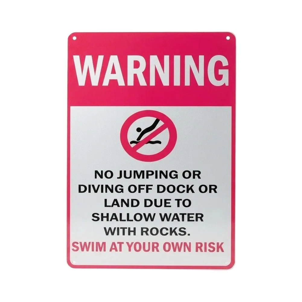 No Jumping No Diving Safety Sign Waterproof Metal 30x20cm Pink for Pool Deck Marina Outdoor Wall Decoration Use