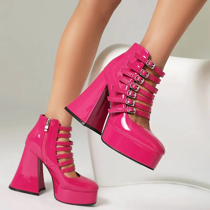 

SIMLOVEYO Roman Design Black Red Casual Pumps Platform Zip Buckles Shiny Party Shoes 43 Purple Women Round Toe 12cm Block Heel