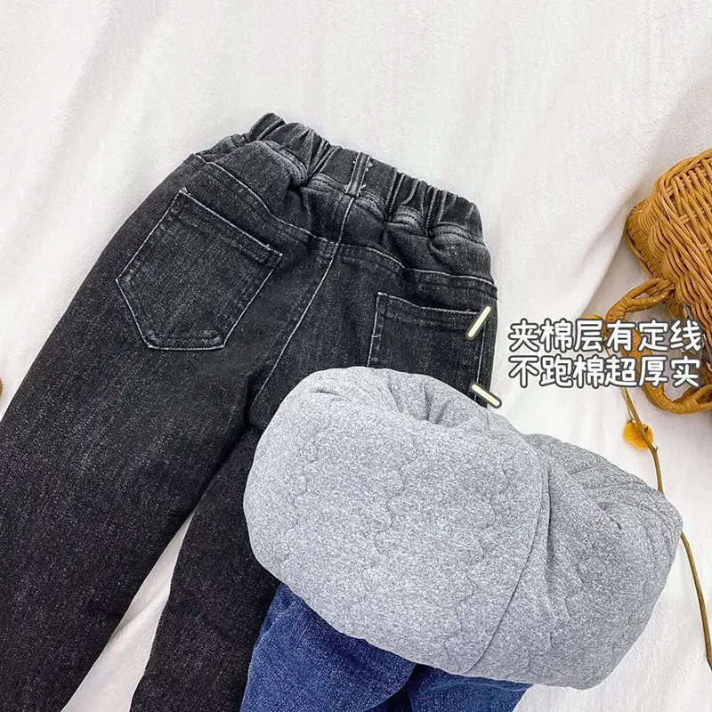 Kids Winter Boy Jeans Solid Color Fleece Thermal Casual Denim Trousers for Toddler Boys Clothes Cotton-padded 2T Baby Warm Pants