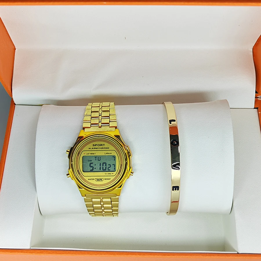 Fashion Women Watches Set Light-luxury Ladies Electronic Wristwatch with Bracelet Retro Style LED Digital Display Sports Clock