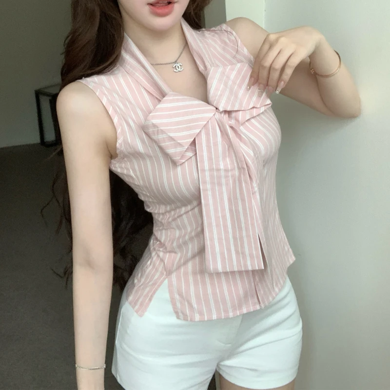 Summer New Polka Dot Sleeveless Sexy Blouse Lacing Patchwork Slim Striped Fashion Short Shirt Tops Y2K Sweet Trend Women Clothes