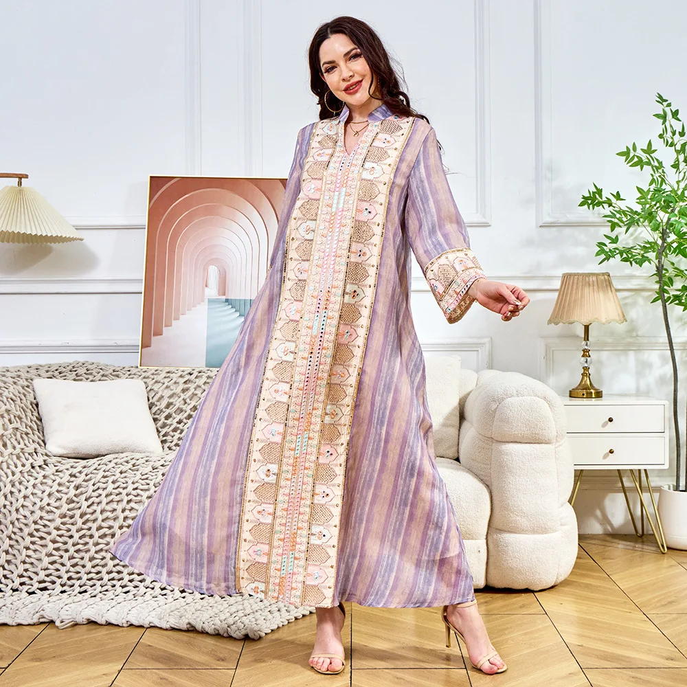 イスラム教徒の女性長袖アバヤドバイトルコスパンコール刺繍パーティーイブニングドレスイスラムファッションファムウェディングローブストライプドレス