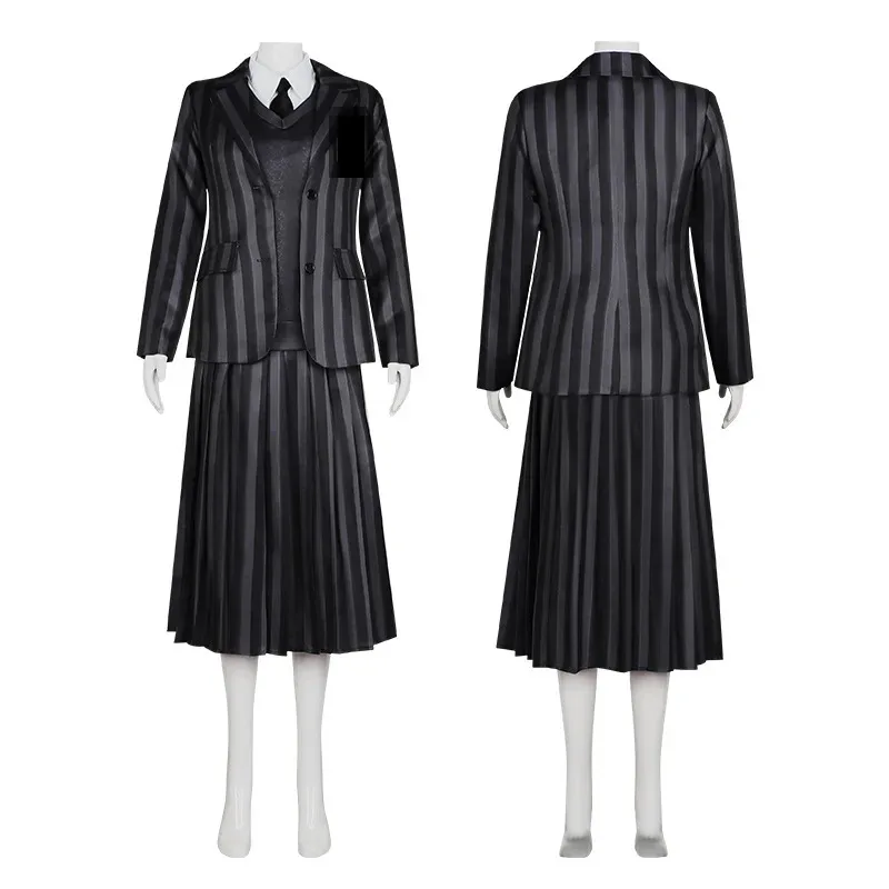 The Addams Family Wednesday Cosplay Costume Girl School Black Uniforms Woman Halloween Clothes Full Set with Wig & Dress