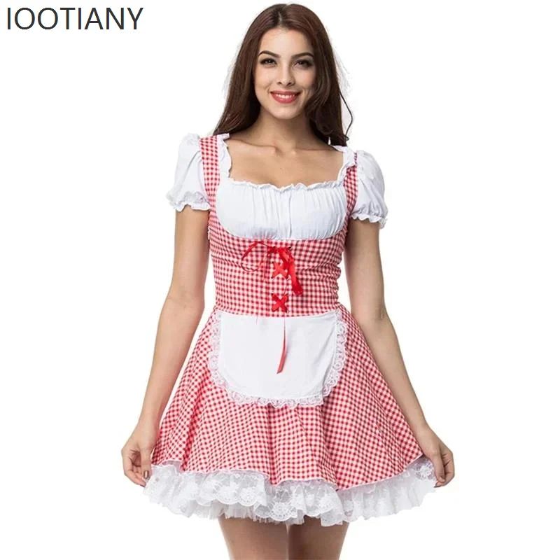 

German Munich Oktoberfest Multi-color Plaid Costume Traditional Bavarian Beer Girl Dress Theme Party Cosplay Beer Maid Costume