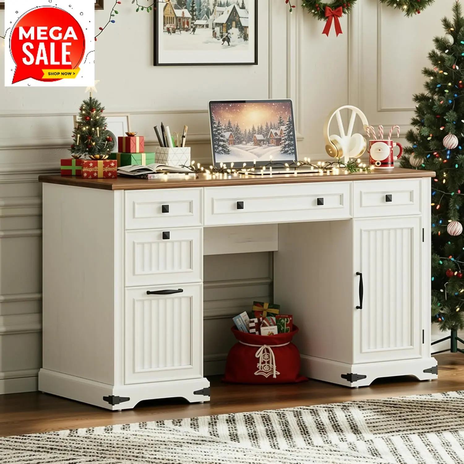 

Бестселлер: 55-дюймовый деревянный компьютерный стол в стиле фермерского дома для домашнего офиса с выдвижными ящиками, зарядной станцией, ящиками для документов и отсеком для хранения