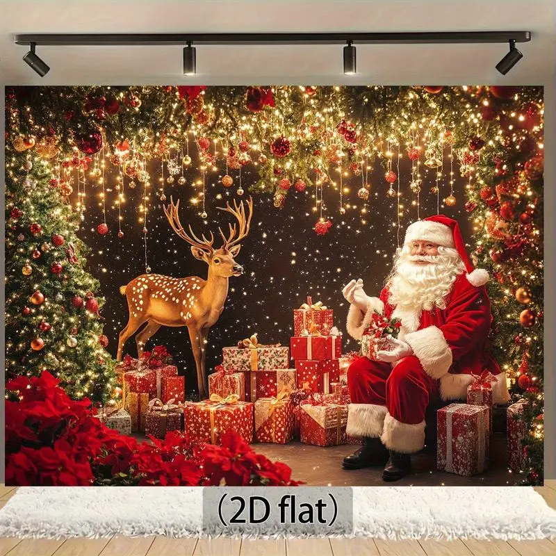 VIKAMA Santa Claus Tapestry Reindeer Gift Box Tree Poinsettia Light Snowy Festive Winter Scene Christmas Holiday Decor