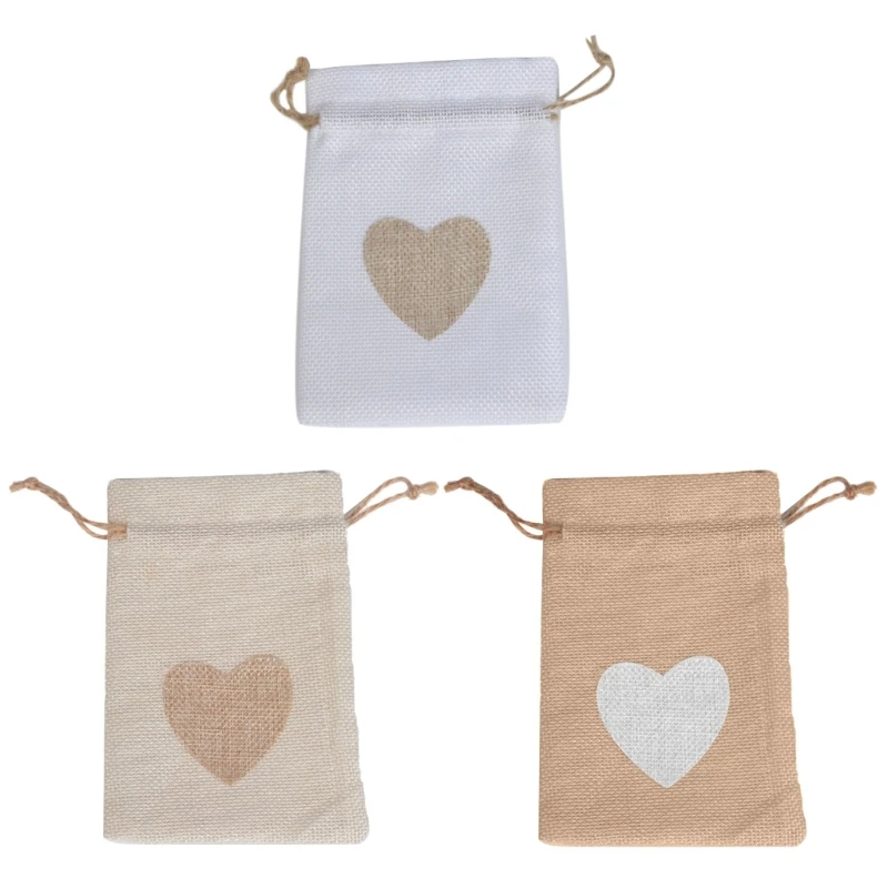 Convenient Burlap Bag Portable Heart Pattern Linen Bag for Stationery and Snacks