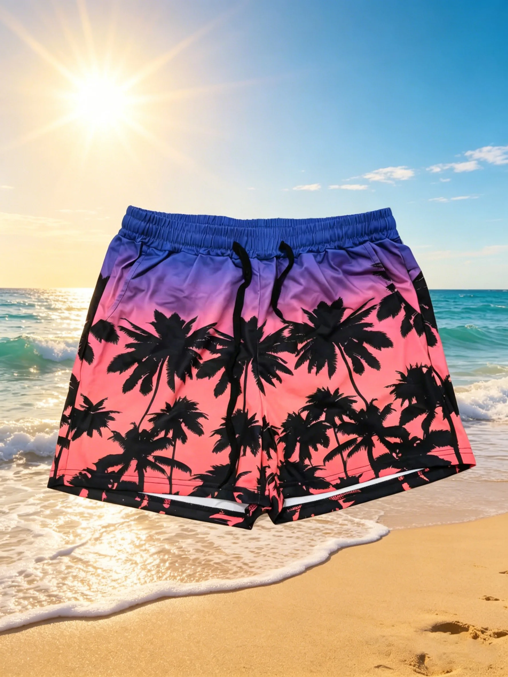 

Men's Summer Gradient Palm Tree Swim Shorts, Casual Beach Shorts for Daily & Vacation