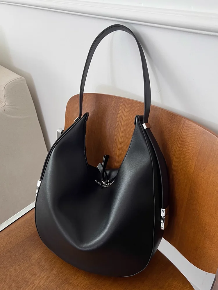 Black Fashion Retro Design Moon Bag Women Genuine Leather Bag\\Handbag Real Leather Simple Underarm Shoulder Bag