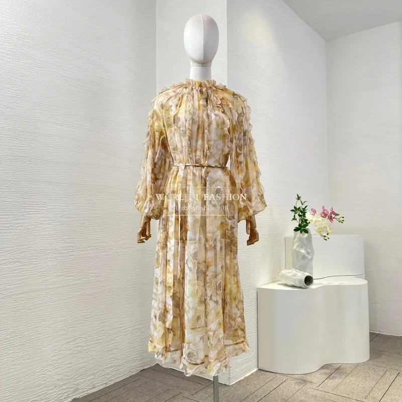 فساتين نسائية صيفية 2025 فستان متوسط الطول بأكمام طويلة وطباعة زهور صفراء عالية الجودة