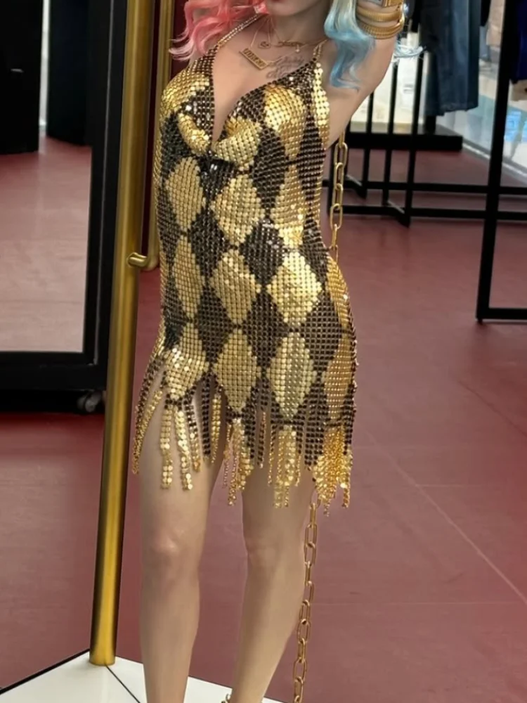 Seksowna, błyszcząca sukienka na ramiączkach z frędzlami, dekoltem w serek, bez rękawów, z odkrytymi plecami, dopasowana, krótka sukienka damska na wieczorne przyjęcie, model 2025, vestido.