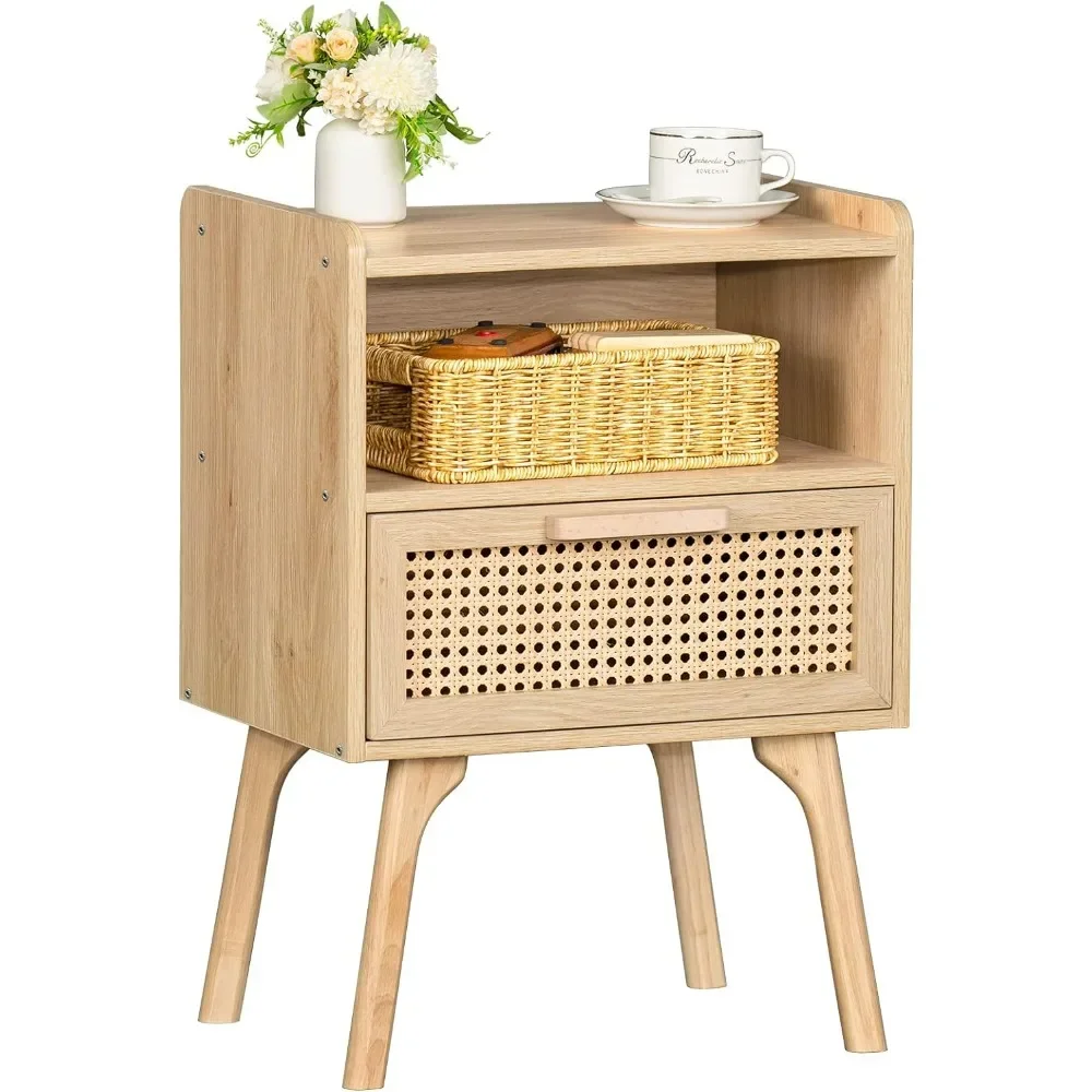 Rattan Nightstand, Boho Side Table with Drawer Open Shelf, Cane Accent Bedside End Table with Solid Wood Legs for Bedroo