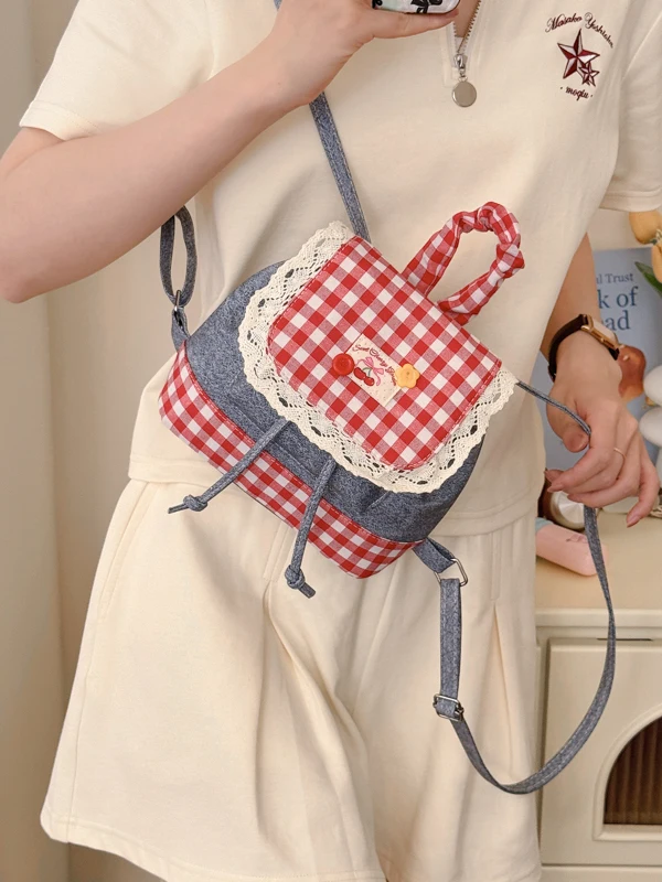 Cute  Plaid Lace Trim Shoulder Bag Fashionable Girl Style Backpack Soft Polyester Material Bucket Shape Foldable No Water...