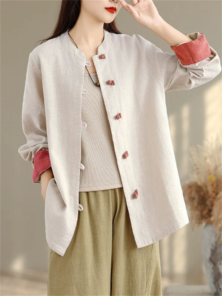 الرجعية فضفاض Bouse المرأة قميص معطف الصينية القطن قميص كتان اللون التباين أبلى الرجعية القرص سترة قميص الإناث #5