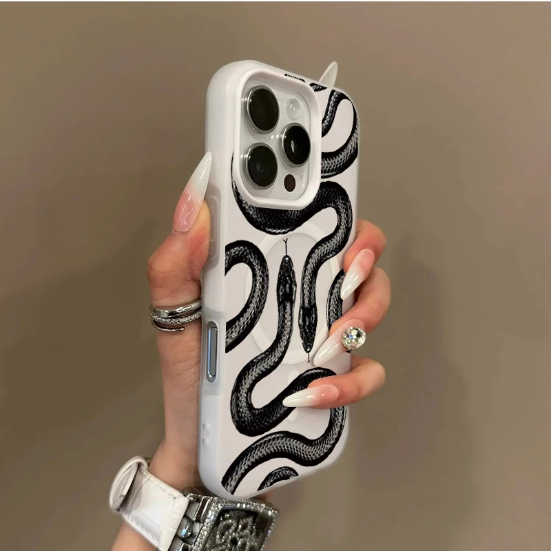 المغناطيسي بسيط الجمالية الاتجاه الأسود بيثون نمط جراب هاتف آيفون 16 15 14 13 12 11 بروماكس سيليكون جراب هاتف غطاء