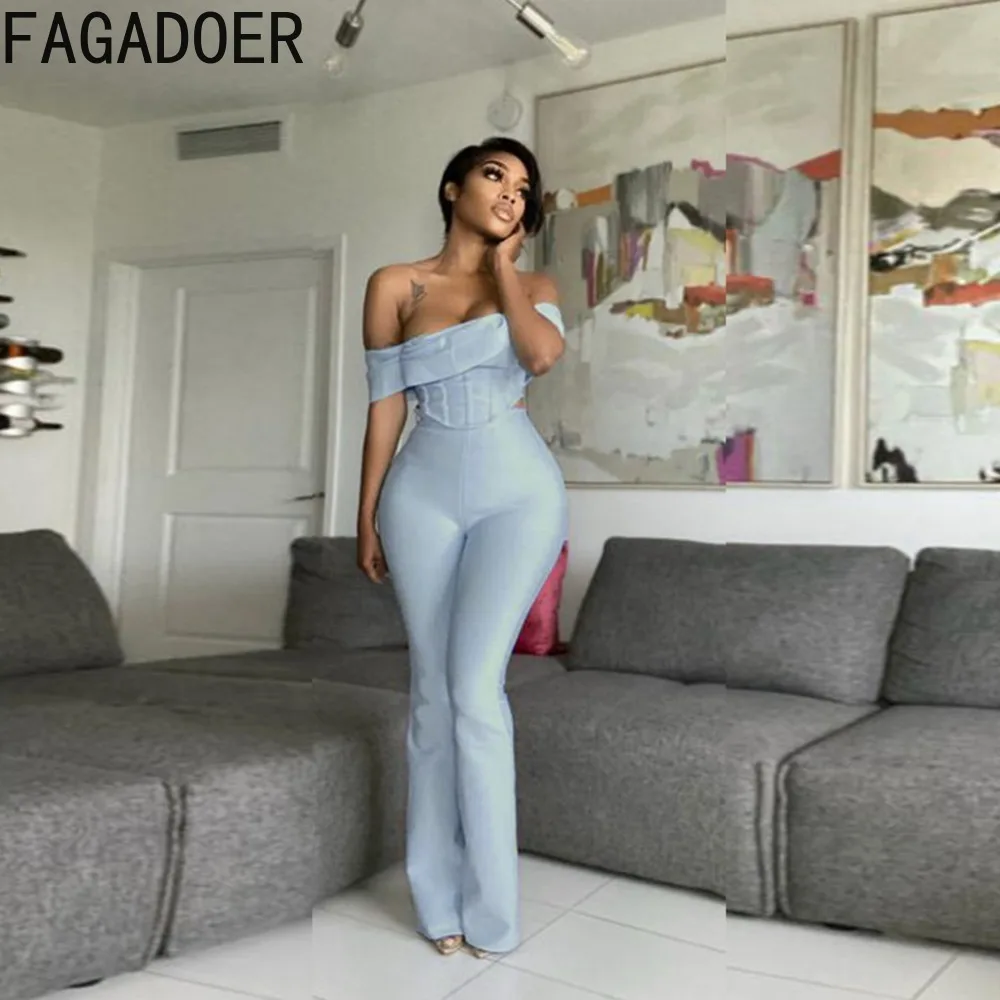 Fagadoer Sexy Off Shoulder Korset Skinny Broek Tweedelige Sets Casual Effen Kleur Bijpassende Trainingspakken Dames Bijpassende Streetwear