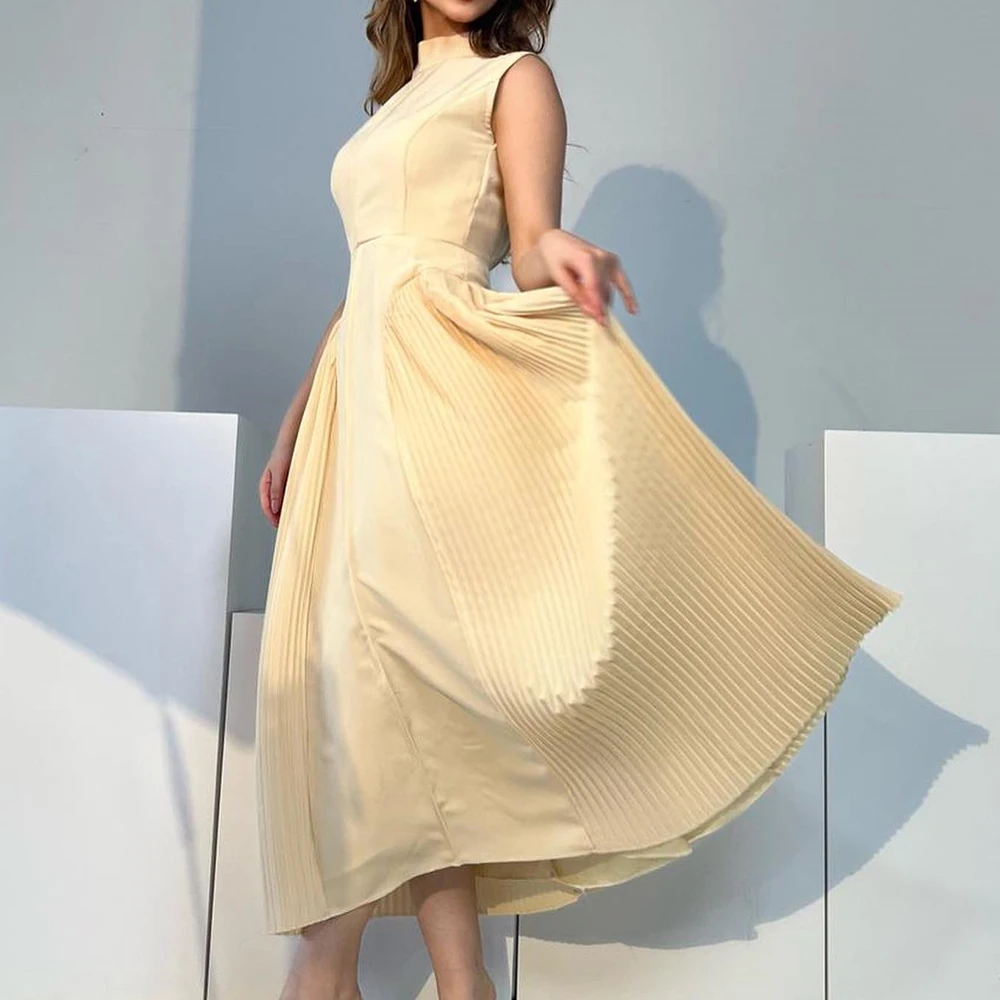 Customized Classic High Collar Yellow Jersey Evening Dress with A-Line Sleeveless High Quality Saudi Arabia Homecoming Dresses