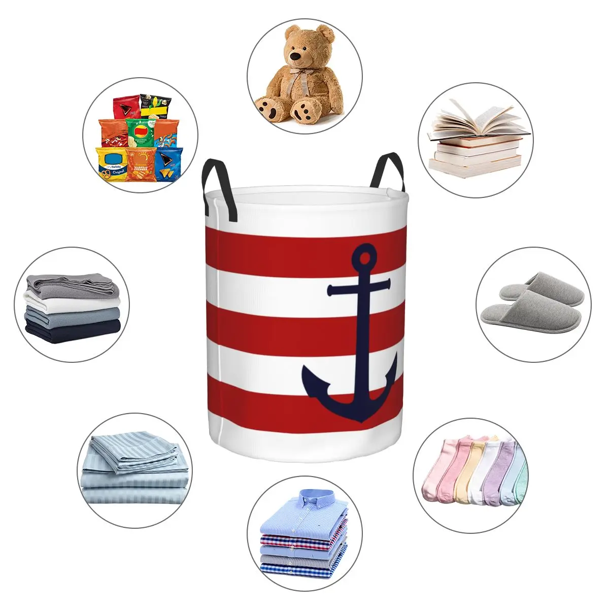 Custom Nautical Navy Blue Anchor On Red Stripes Laundry Basket Foldable Sailing Sailor Clothes Hamper for Baby Toys Storage Bin