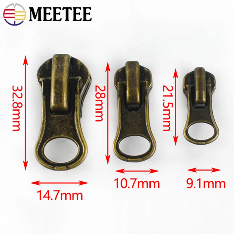 Meetee-Bronze Zipper Puller, Slider Cabeça para Zíperes de Metal, Vestuário Mochila, Acessórios de Costura, 3 #, 5 #, 8 #, 10, 20, 30, 40, 50Pcs