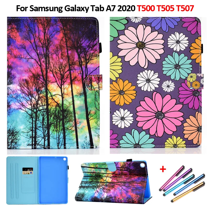 For Samsung Galaxy Tab A7 2020 Case Flower Printed Wallet Stand Cover Funda For Galaxy Tab A7 Case SM-T500 SM-T505 Child Girls