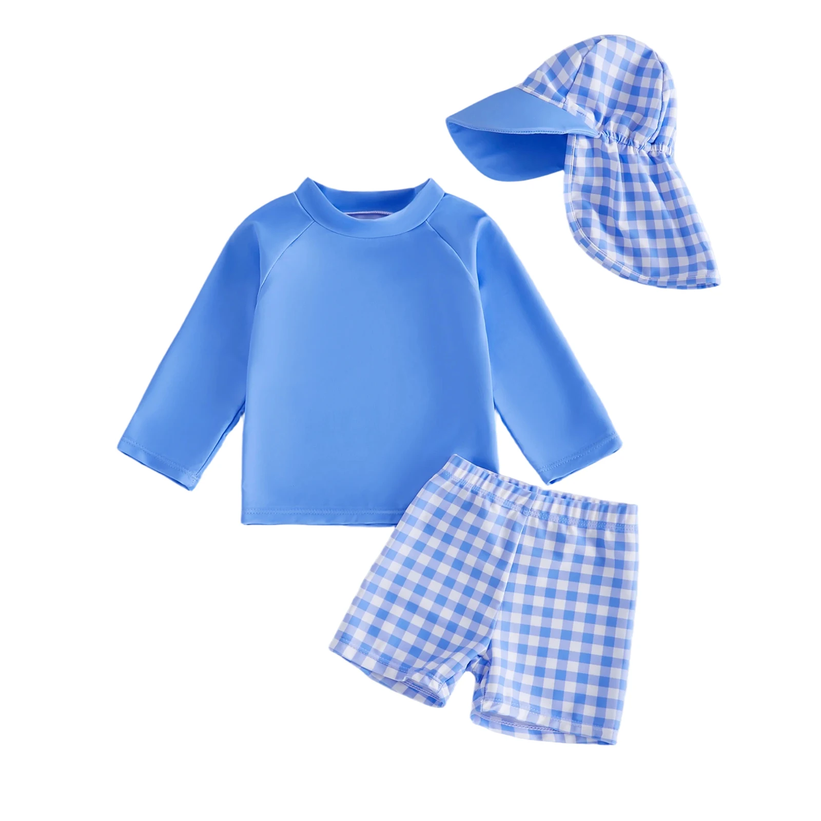 

Little Boy Rash Guard Swimsuits Solid Color Long Sleeve Round Neck Tops and Plaid Shorts Hat 3 Piece Outfits for Pool Beach