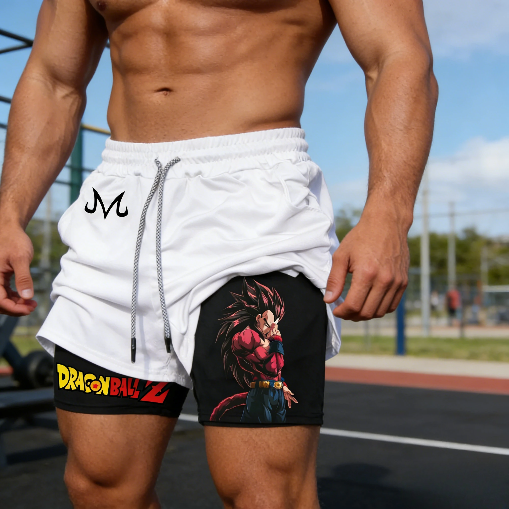 

2026 Summer Dragon Ball Fake Two-Piece Shorts Men Retro SSJ4 Vegeta Print Breathable Quick-Dry Fitness Streetwear Unisex