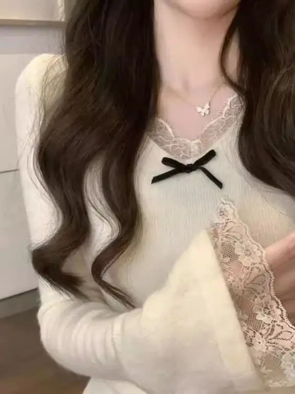 

Женский облегающий базовый топ Camere V-Ne с кружевом и длинными рукавами, вязаный, класса люкс, осенне-зимний, из чистой шерсти Mousse B...