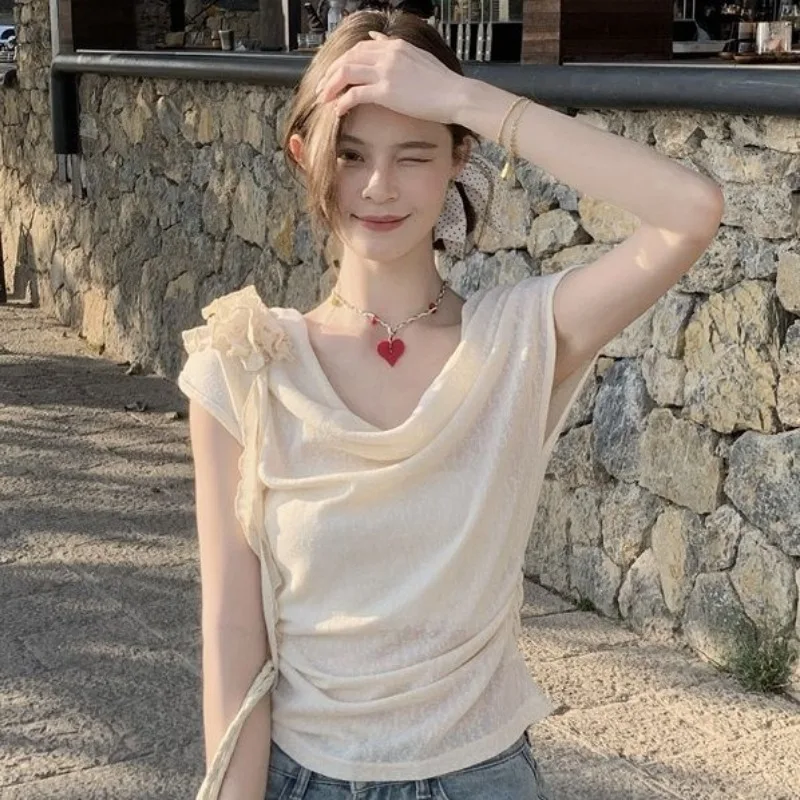 

Женская одежда, летняя мода, простота, элегантные оборки, однотонные женские универсальные модные жаккардовые оборки с круглым вырезом и коротким рукавом