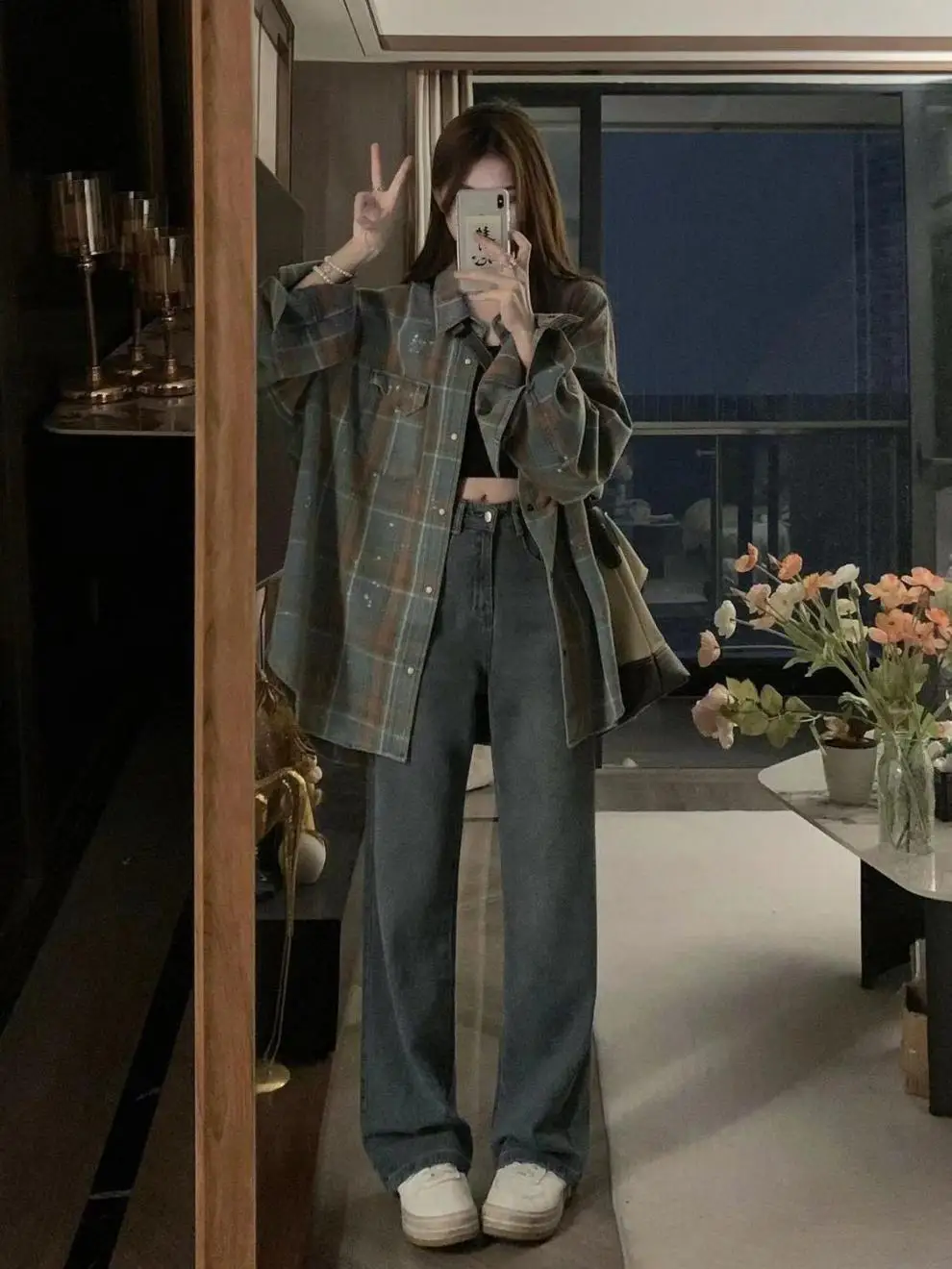 Oversized Plaid Shirt with Lapel Pocket for Women, Long Sleeve, Vintage Fashion, Loose Fit Blouse, Korean Style, Autumn and Wint