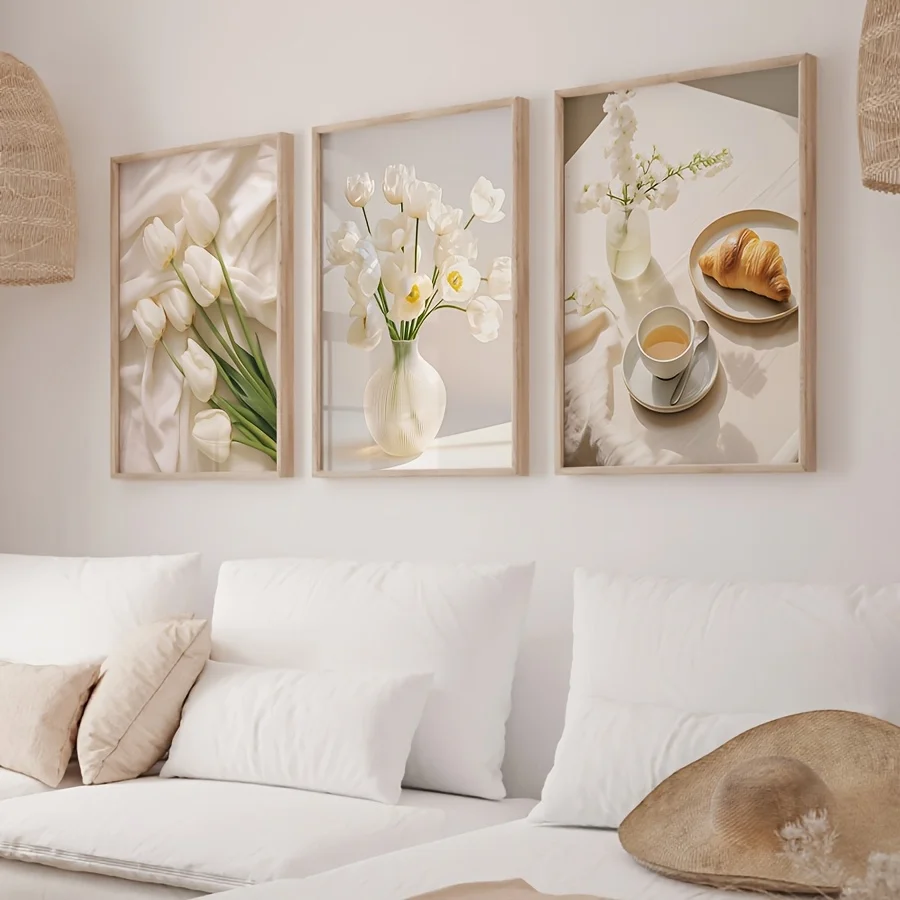 White Tulip Flower Canvas Wall Art Elegant Floral Vase Coffee Croissant Prints Minimalist Modern