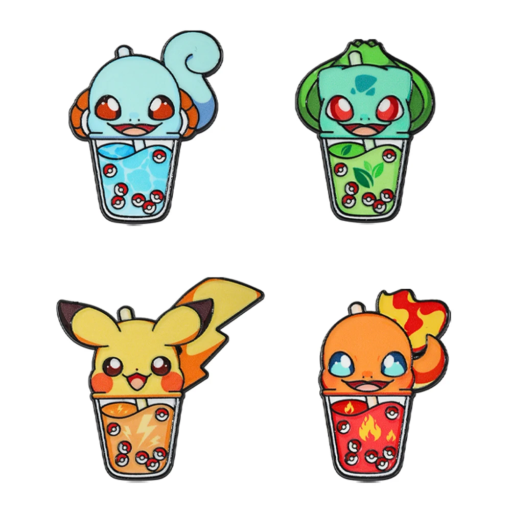 4pcs Cute Bubble Tea Monster Enamel Pins Set, Kawaii Cartoon Boba Cup Creature Metal Lapel Brooches Colorful Decorative Badges