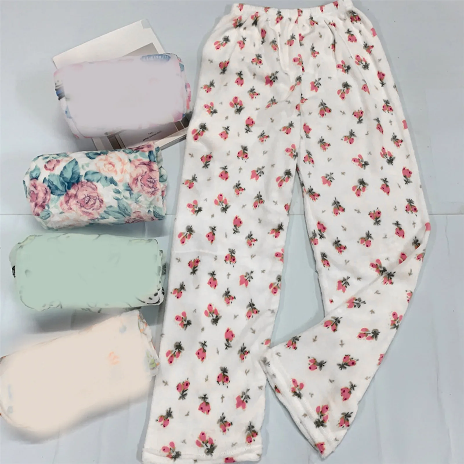 Pajama Pants For Women Autumn Winter Soft Comfortable Flannel Sleep Bottoms Flower Printed Plaid Casual Home Pajama Pants