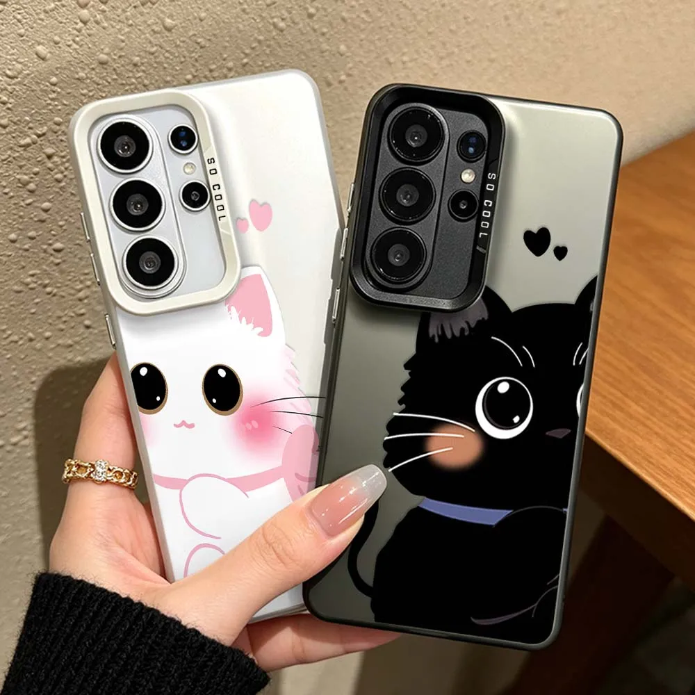 Cute White Black Cat For Samsung Galaxy S26 S25 S24 S23 S22 S21 S20 FE Ultra Plus Colorful Silver Phone Case Cover