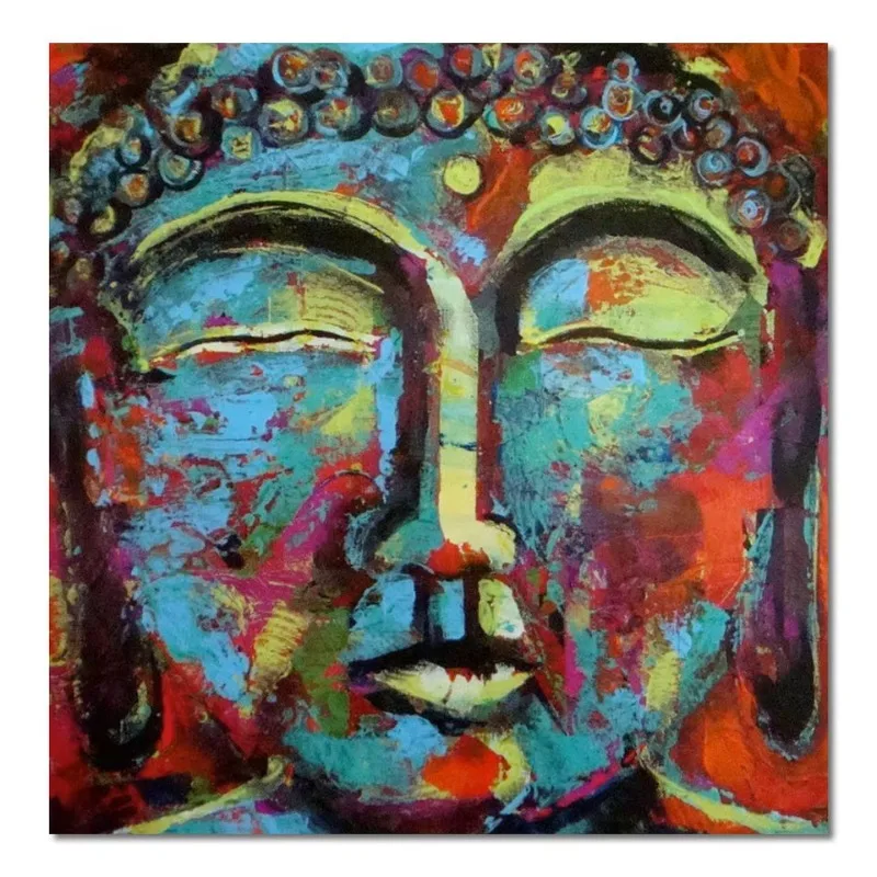 

Modern Art Deco Buddha Head Wall Artwork Hand Painted Acrylic Oil Painting on Canvas with Support Base Colorful Heavy Texture