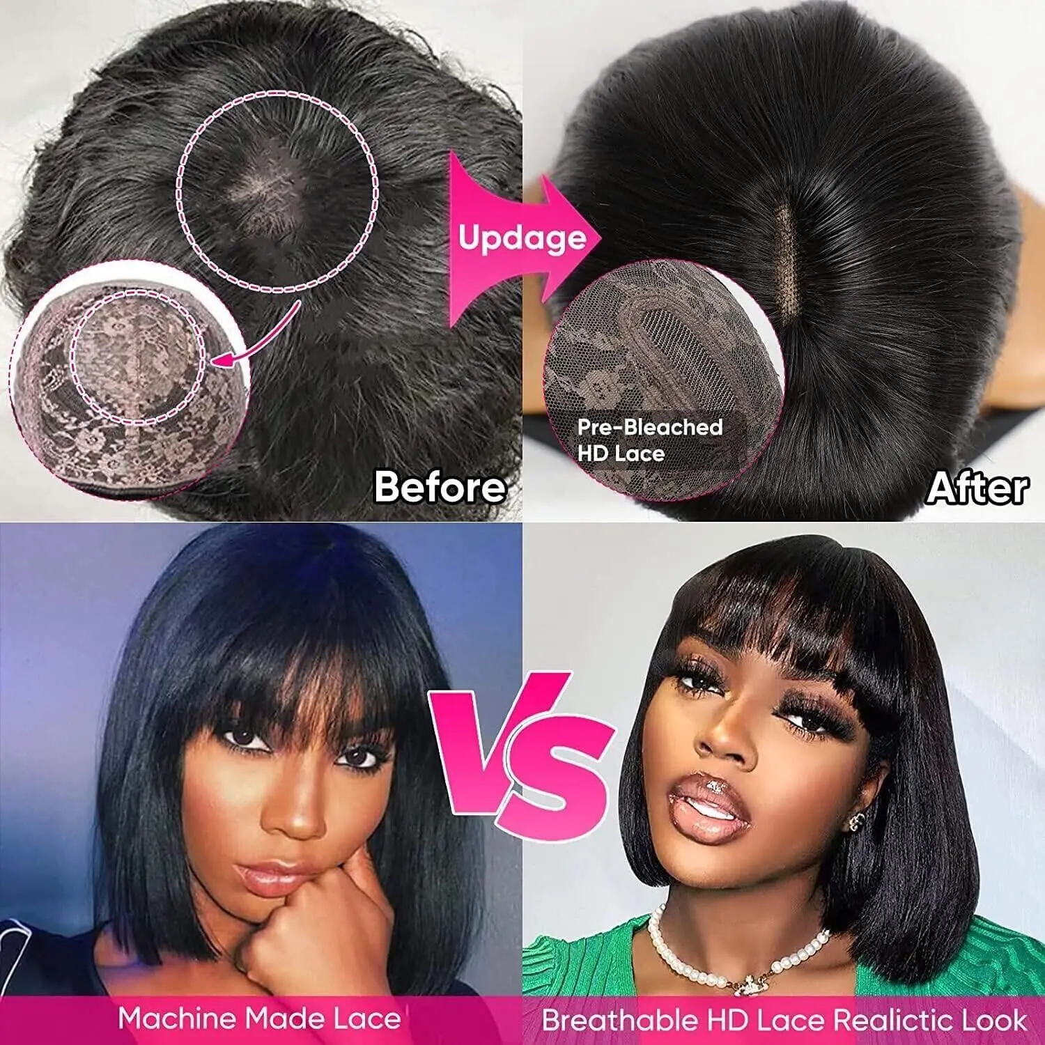2x1 Straight Bob Lace Closure Wigs with Bangs For Women Brazilian Hair Short Straight Wig With Realistic Scalp On Top 8-14 Inch image 4