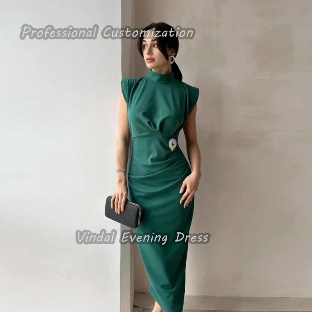 

Vindal Tea length O-Neck Prom Dress Straight luxurious Ruffle Crepe Breast Padding Elegant Short Sleeves السعود For Woman 2024