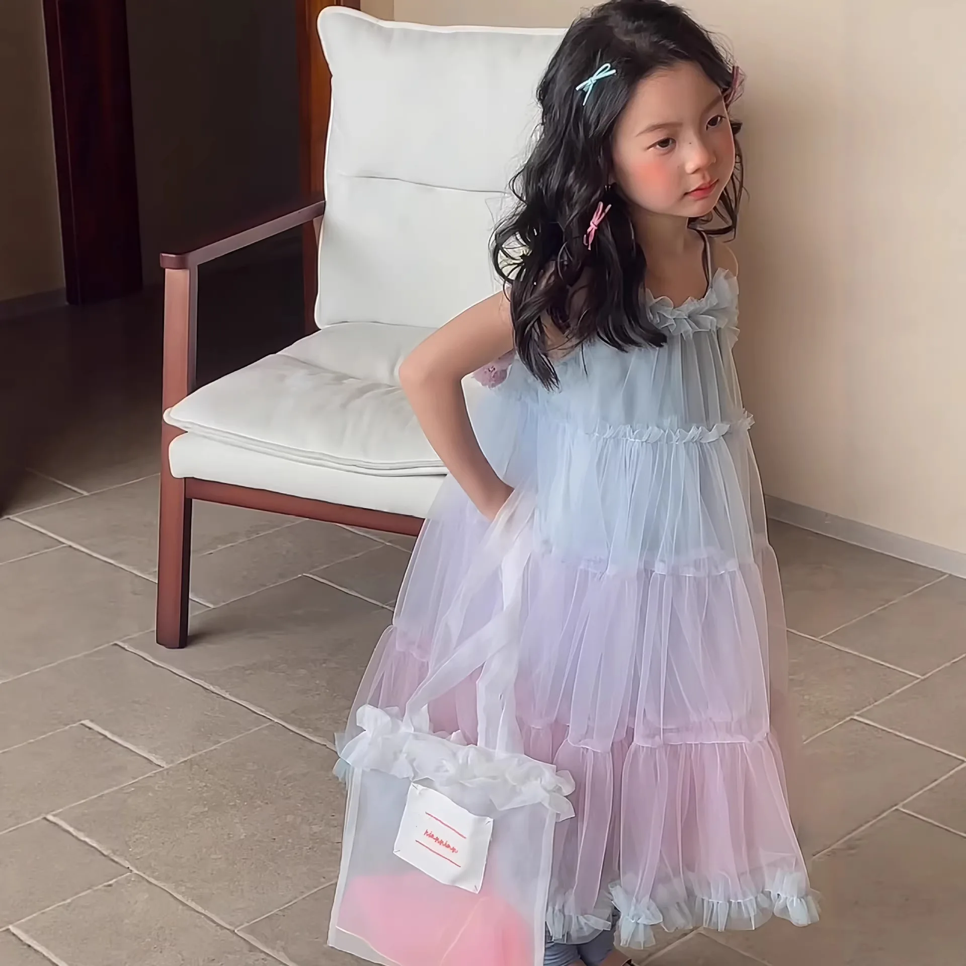 Girls Mesh Suspender Skirt Summer Dress 26 New Rainbow Little Girl Foreign Style Cake Skirt Fluffy Skirt