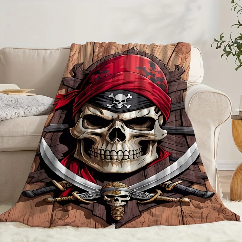 Vintage Pirate Skull Pattern Flannel Blanket Lightweight Warm Plush Throw Blanket Pirate Headscarf Cross Swords Decor Blanket