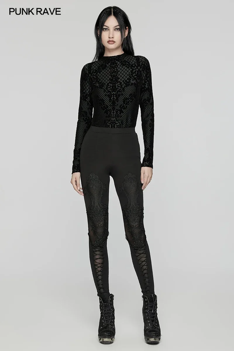 PUNK RAVE Women\'s Gothic Decal Leggings Two Exquisite Lace Decals Pants Drawstrings for Decoration Women Trousers