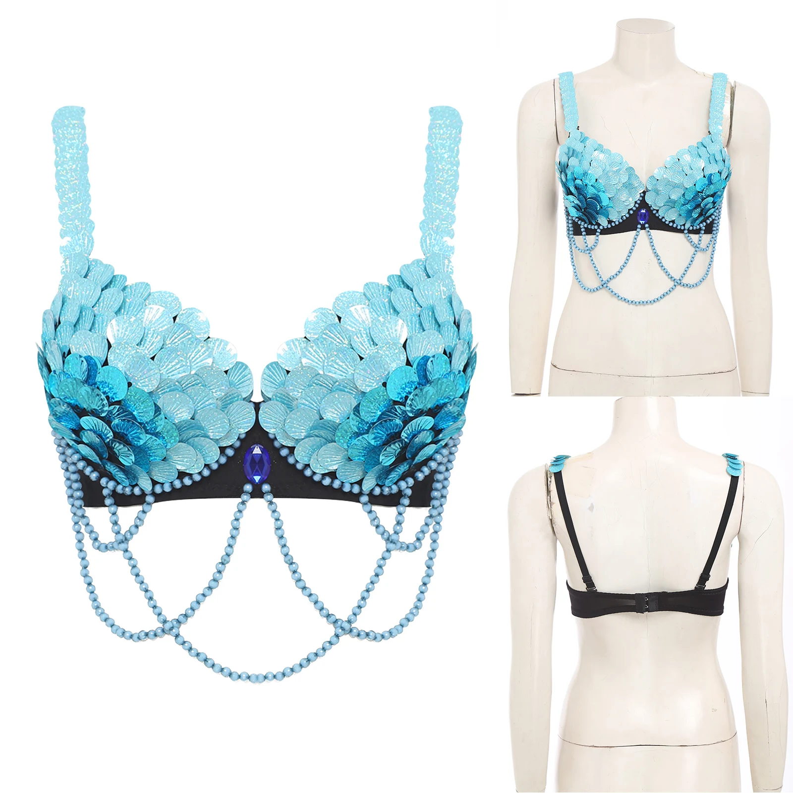 

Women Belly Dance Bra Top Fish-scale Sequins Playful Decor Push-up Underwire Balconette for Dancing Mermaid Cosplay Underwear