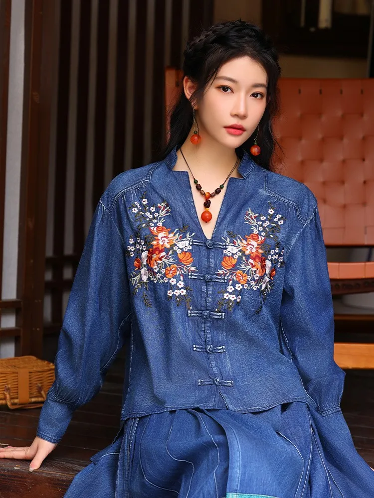 TIYIHAILEY Cotton Denim Women Full Sleeve Blouses Topsd Vintage Single Breasted Embroidery Shirts  2026 New Fashion Chinese