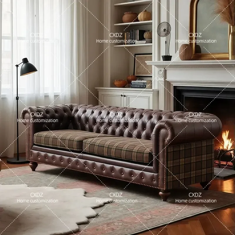 American Retro Leather Sofa European Style Villa Living Room Large Flat Floor Home Use Old Plaid Buckle Straight Row Couch