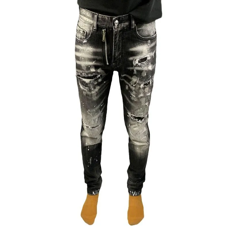 Men Black‑Grey Striped Washed Splatter Paint Ripped Stretch Skinny Denim Jeans Hip‑Hop Streetwear Denim Jeanshombre