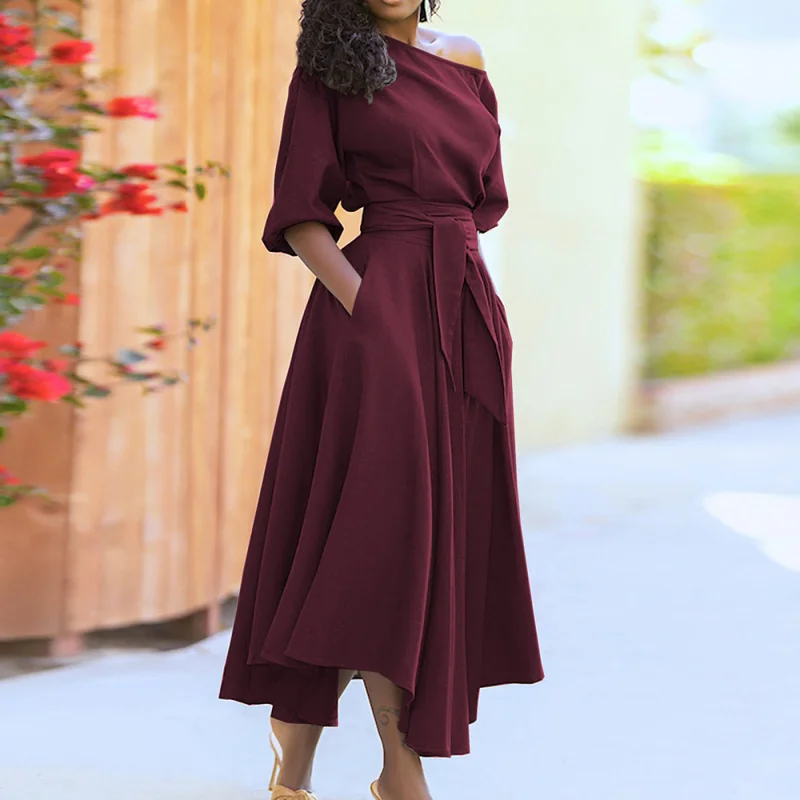 

2025 New Style Slant Shoulder Collar Tight Waist Temperament Pure Color Large Swing women Dress C001