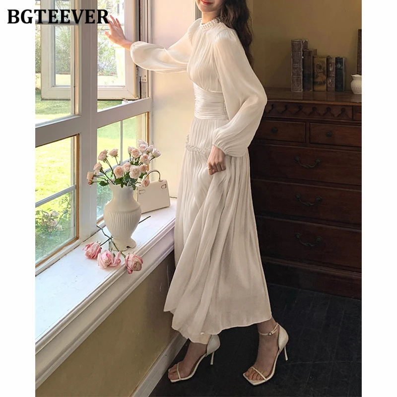 BGTEEVER Elegant Puff Sleeve Stand Collar Female A-line Dress Spring Fashion Slim Waist Ladies Solid Mid-Length Dress
